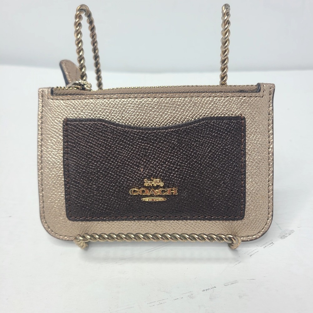 Coach Zip Card Case Small Signature Color Block Coated‎ Canvas Brown Gold